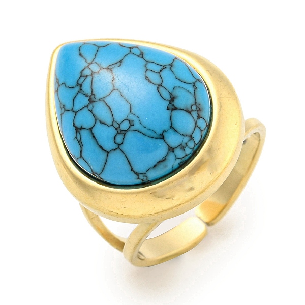 

PandaHall Ion Plating(IP) 304 Stainless Steel Synthetic Turquoise Cuff Rings, Teardrop Open Rings for Women Men, Real 18K Gold Plated...