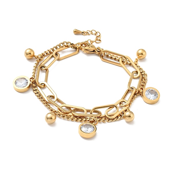 

PandaHall Clear Cubic Zirconia and Round Ball Charm Multi-strand Bracelet, Vacuum Plating 304 Stainless Steel Double Layered Chains Bracelet...