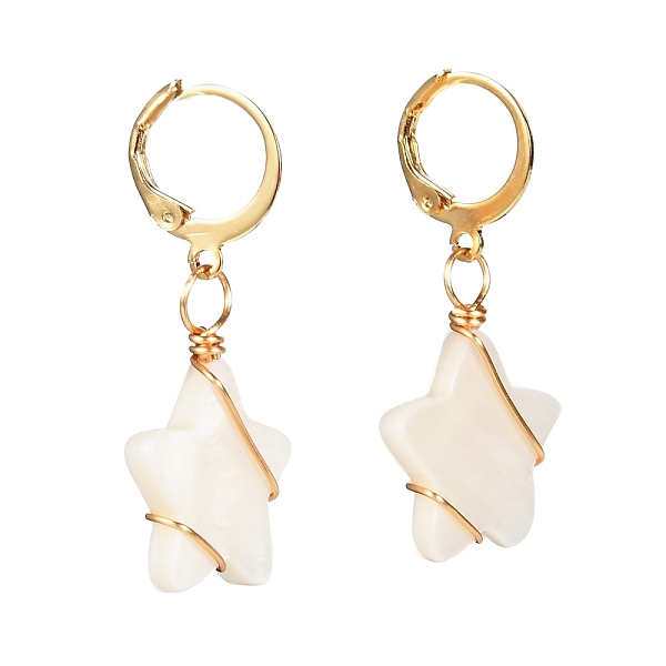 

PandaHall Star Natural Shell Beads Leverback Earrings for Girl Women, Wire Wrap 304 Stainless Steel Earrings, Golden, 35mm, Pin: 0.7mm Shell