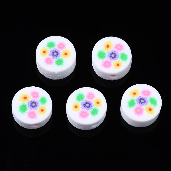 PandaHall Handmade Polymer Clay Beads, for DIY Jewelry Crafts Supplies, Flat Round with Flower, Colorful, 9.5~10x4.5mm, Hole: 1.8mm Polymer...