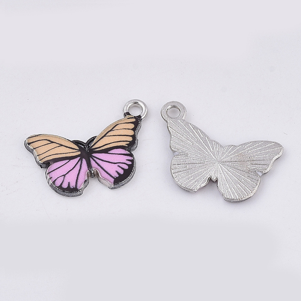 

PandaHall Printed Alloy Pendants, with Enamel, Butterfly, Platinum, Pink, 13x20x2mm, Hole: 1.6mm Alloy+Enamel Butterfly Pink