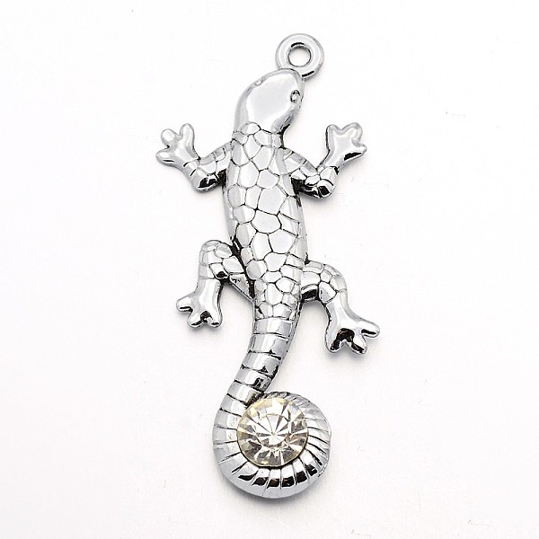 

PandaHall Alloy Grade A Rhinestone Big Pendants, Gecko/Lizard, Antique Silver, 53x23x3mm, Hole: 2mm Alloy+Rhinestone Other Animal Clear