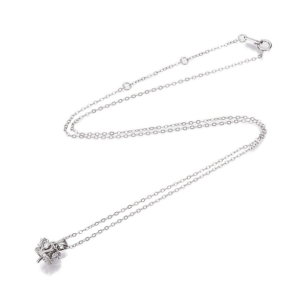 Rhodium Plated 925 Sterling Silver Clear Cubic Zirconia Crown Pendant Cable Chain Necklace Making, for Half Drilled Beads, with 925 Stamp, Platinum, 18.03 inch(45.8cm), Pendants: 9x8mm, Pin: 0.8mm