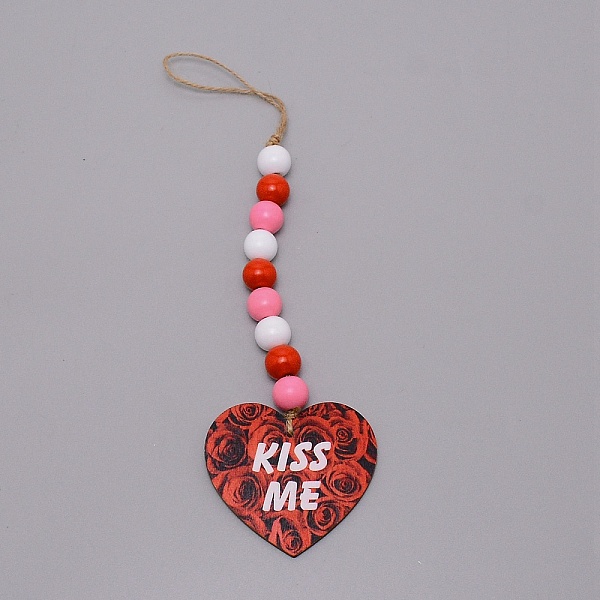 

PandaHall Valentine's Day Theme Schima Wood Beads & Hemp Rope Pendants Decorations, with Heart & Word KISS ME, Red, 295mm Wood Flower Red