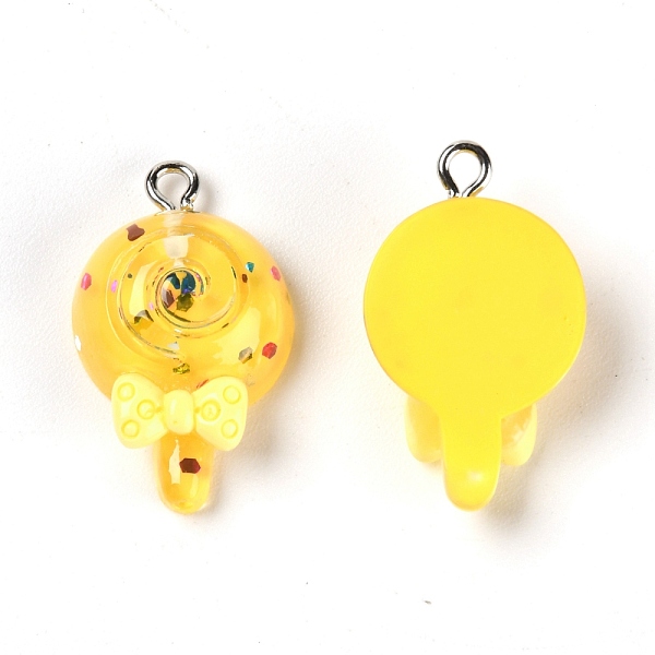 

PandaHall Resin Pendants, with Platinum Iron Peg Bail, Lollipop with Bowknot, Yellow, 27.5x16x8mm, Hole: 2mm Iron+Resin Candy Yellow