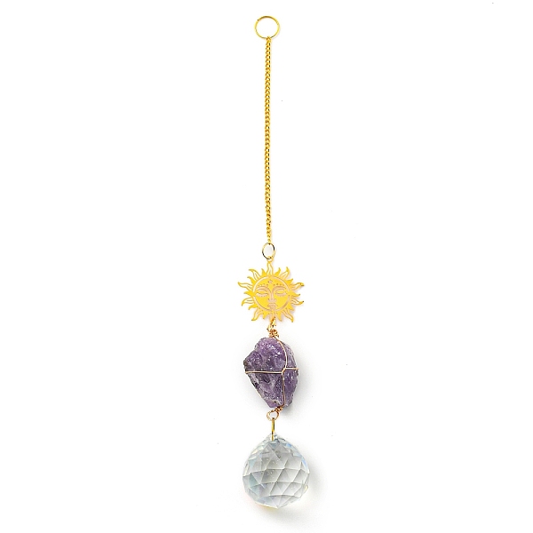 

PandaHall Wire Wrapped Nuggets Natural Amethyst Pendant Decorations, Brass Sun and Glass Round Tassels Hanging Ornaments, 235mm, Hole: 11mm...