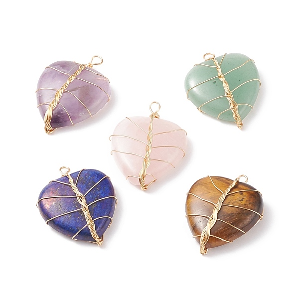 

PandaHall Natural Mixed Stone Pendants, with Light Gold Tone Copper Wire Wrapped, Heart, 38~41x30~31x9mm, Hole: 3~4mm Mixed Stone Heart