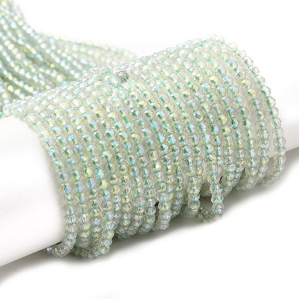 

PandaHall Electroplate Transparent Glass Beads Strands, Rainbow Plated, Faceted Round, Pale Green, 3x2.5mm, Hole: 0.7mm, about 149pcs/strand...