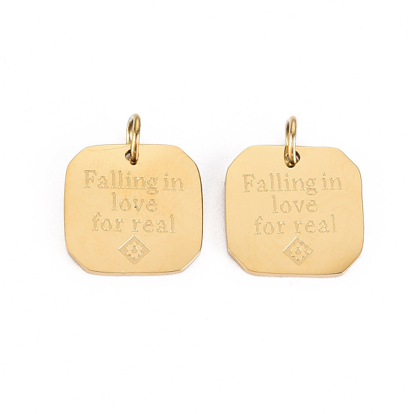 

PandaHall 304 Stainless Steel Charms, with Jump Rings, Square with Word Falling in love for Real, Real 14K Gold Plated, 11x11x1mm, Jump Ring...