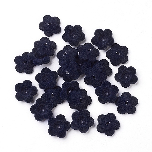 PandaHall Flocky Acrylic Bead Caps, 5-Petal, Flower, Prussian Blue, 24x6.5mm, Hole: 2.5mm Acrylic