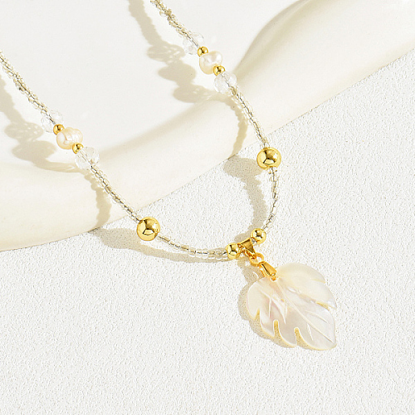 

PandaHall Natural Shell Maple Leaf Pendant Necklace with Glass Beaded Chains, Seashell Color, 16.54 inch(42cm) Shell Leaf