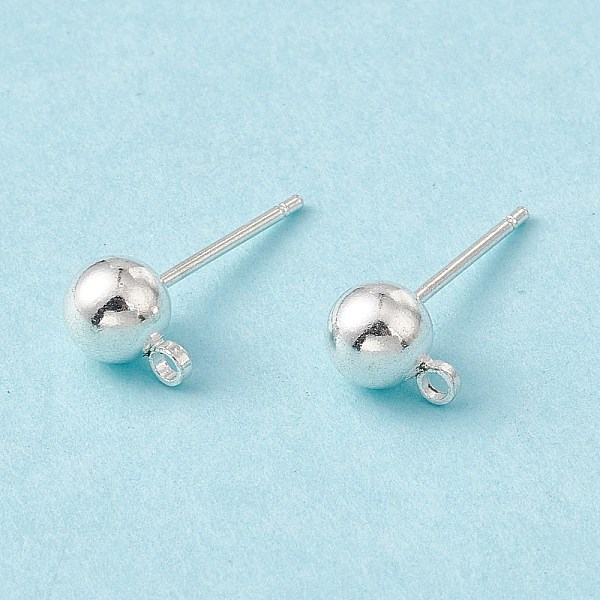 Brass Ball Post Ear Studs, with Loop & 304 Stainless Steel Pins, Silver, 15.2-15.7x5mm, Hole: 1mm, Pin: 0.7mm