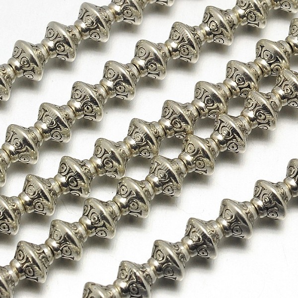 

PandaHall Tibetan Style Bicone Alloy Bead Strands, Lead Free & Cadmium Free, Antique Silver, 7x6mm, Hole: 2mm, about 34pcs/strand, 8 inch...