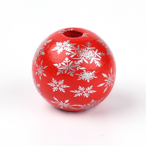 PandaHall Natural Wood Beads, Round with Snowflake, Christmas Theme, Red, 1.6x1.5cm, Hole: 3.5mm Wood Round Red