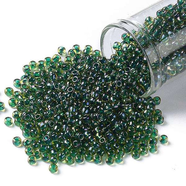 

PandaHall TOHO Round Seed Beads, Japanese Seed Beads, (242) Inside Color Jonquil/Emerald Lined, 8/0, 3mm, Hole: 1mm, about 222pcs/10g Glass
