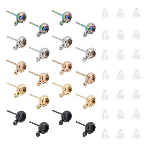 

PandaHall Unicraftale 40Pcs 5 Colors Flat Round 304 Stainless Steel Stud Earring Settings, with Loop and Plastic Ear Nuts, Mixed Color...