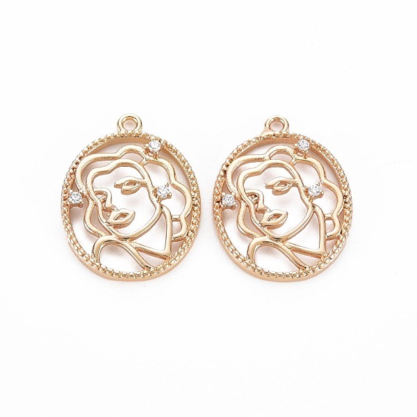 

PandaHall Brass Micro Pave Clear Cubic Zirconia Pendants, Nickel Free, Flat Round with Woman, Real 18K Gold Plated, 19x14.5x2mm, Hole: 1.2mm...