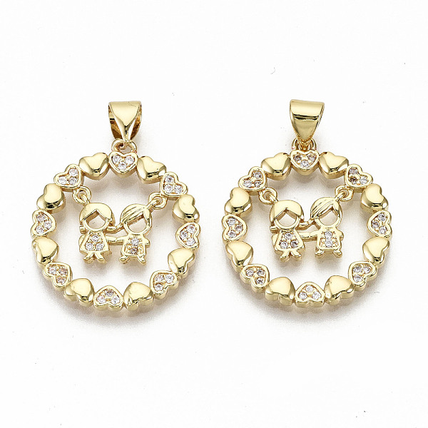 

PandaHall Brass Micro Pave Clear Cubic Zirconia Pendants, Nickel Free, Connected Heart Rings with Girl & Boy, Real 16K Gold Plated...