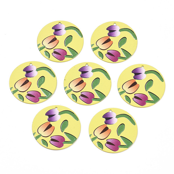 

PandaHall Spray Painted Iron Pendants, Rubberized Style, 3D Printed, Tulip Print Pattern, Flat Round, Yellow, 25.5x0.8mm, Hole: 1.2mm Iron...
