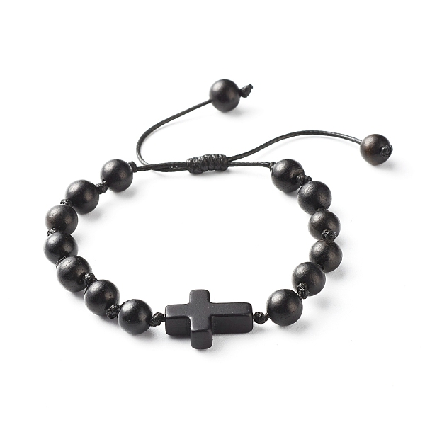 

PandaHall Round Natural Wood Beaded Bracelet for Men Women, Cross Synthetic Turquoise(Dyed) Bracelet, Black, Inner Diameter: 1-3/4~3-1/8...