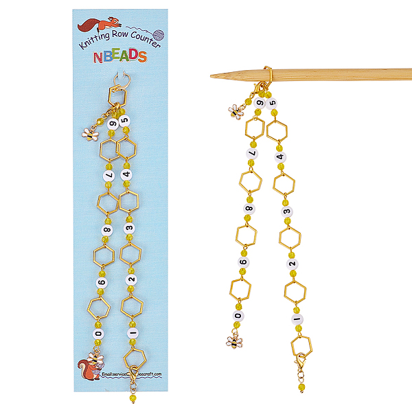 PandaHall Alloy Hexagon & Enamel Bee Charm Knitting Row Counter Chains, Acrylic Number & Transparent Glass Beads Knitting Row Counter Chains...