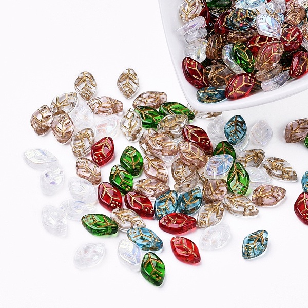 

PandaHall Czech Glass Beads, Electroplated/Gold Inlay Color, Leaf, Mixed Color, 12.5x7.5x3.5mm, Hole: 0.8mm, about 237~243pcs/bag Czech..., Multicolor