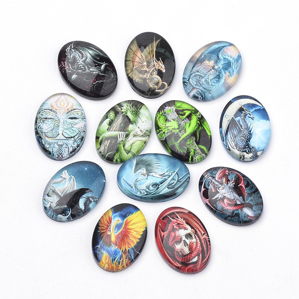 

PandaHall Flatback Glass Cabochons for DIY Projects, Dragon Pattern, Oval, Mixed Color, 25x18x5.5mm Glass Oval Multicolor