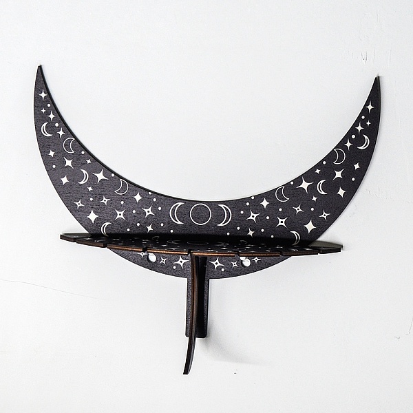 

PandaHall Moon Phase Crescent Wooden Crystal Shelf Jewelry Candlestick Display Stand, Wall Mounted Decorations, with Snap Fastener, for Home..., Black