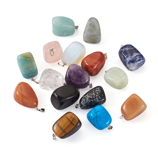 

PandaHall Natural & Synthetic Mixed Gemstone Pendants, with Platinum Tone Brass Findings, Nuggets, 23~30x13~22x12~20mm, Hole: 5x3mm, 15...