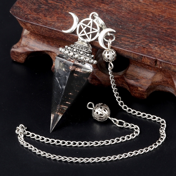 

PandaHall Natural Obsidian Chip & Resin Orgonite Dowsing Pendulum Big Pendants, with Platinum Plated Metal Triple Moon Pentagram, Hexagonal...