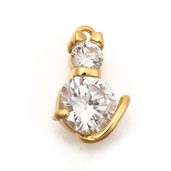 Breloques en laiton avec zircone cubique de micro pave, forme de chat, Plaqué longue durée, sans nickel, véritable 18k plaqué or, clair, 14.5x9.5x4.5mm, Trou: 1.4mm