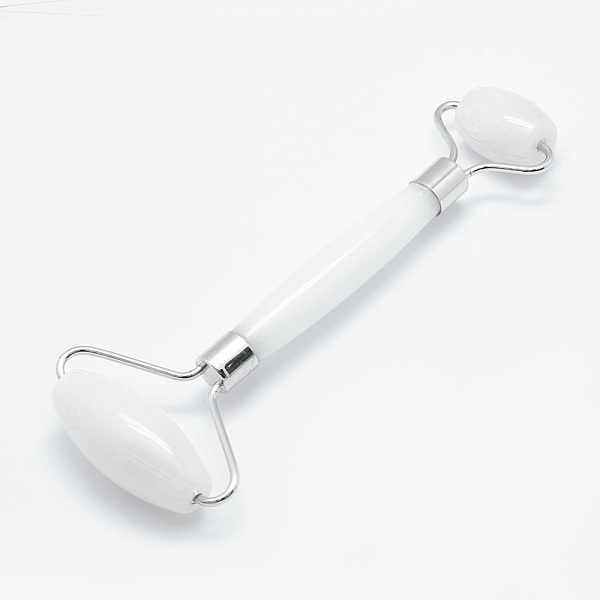 PandaHall Natural White Jade Brass Face Massager, Facial Rollers, Platinum, 146~150x54~58x19~22mm White Jade Others