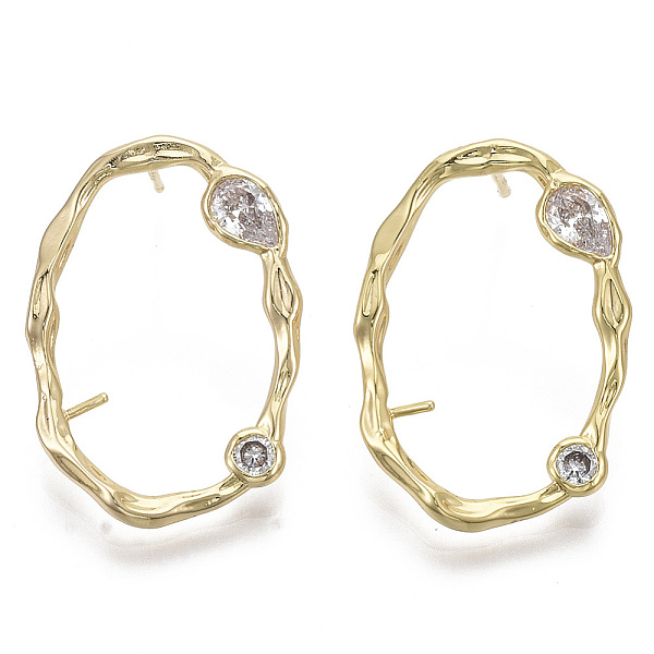 

PandaHall Brass Micro Pave Clear Cubic Zirconia Stud Earring Findings, for Half Drilled Beads, Nickel Free, Oval Ring, Real 18K Gold Plated...