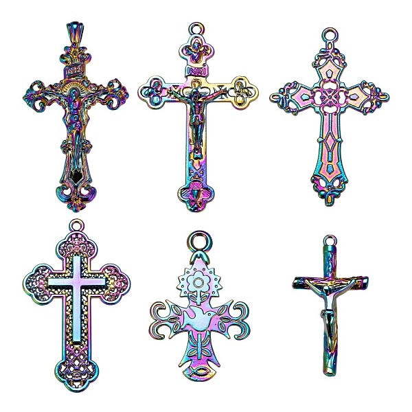 

PandaHall 12Pcs 6 Style Rainbow Color Alloy Pendants, Cadmium Free & Nickel Free & Lead Free, Cross with Jesus, Cross with Bird, Cross...