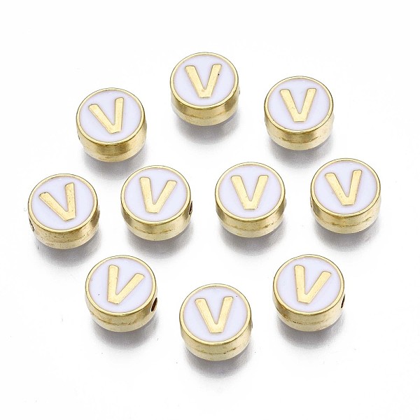 

PandaHall Alloy Enamel Beads, Cadmium Free & Lead Free, Light Gold, Flat Round with Alphabet, White, Letter.V, 8x4mm, Hole: 1.5mm...
