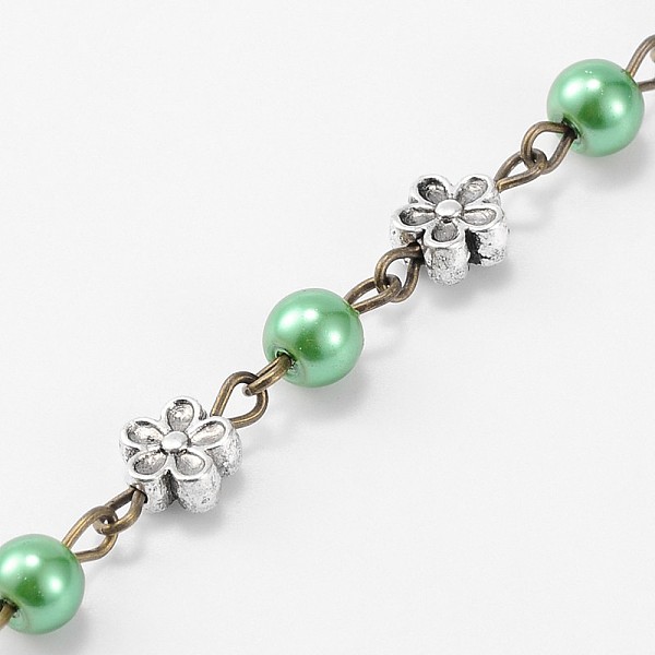 

PandaHall Handmade Round Glass Pearl Beads Chains for Necklaces Bracelets Making, with Tibetan Style Alloy Flower Links and Iron Eye Pin...