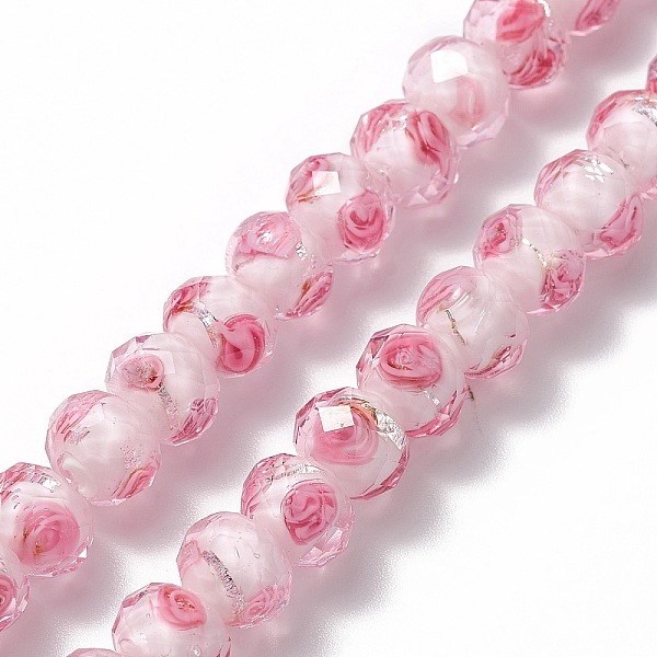 

PandaHall Handmade Silver Foil Glass Lampwork Beads Strands, Inner Flower, Faceted Rondelle, Pink, 8x6mm, Hole: 2mm, about 70pcs/strand...