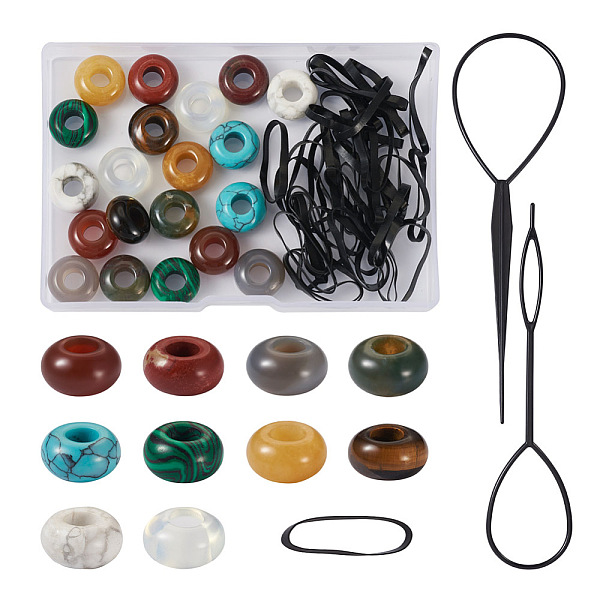 PandaHall Fashewelry Plastic Hair Braiding Twist Styling Tool Set, with 20Pcs 10 Style Natural & Synthetic Gemstone Beads and 100Pcs...