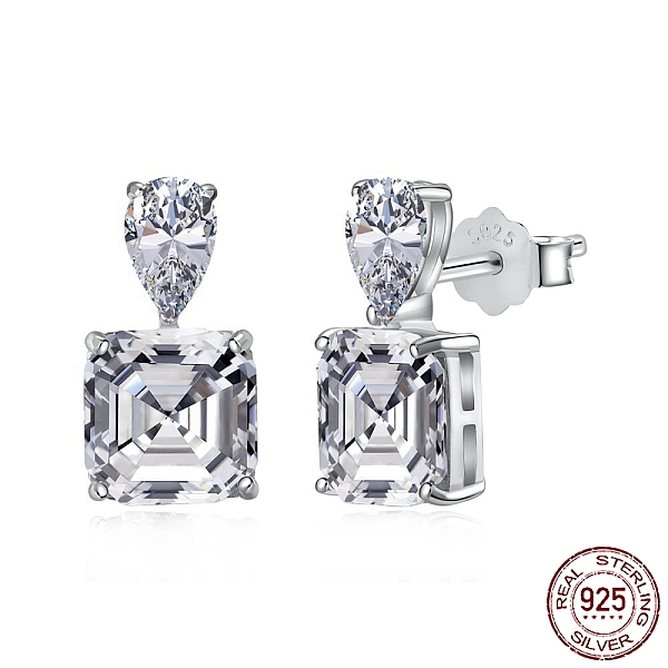 

PandaHall Rhodium Plated 925 Sterling Silver Micro Pave Cubic Zirconia Ear Studs for Women, Dangle Earrings with S925 Stamp, Square, Real..., Clear