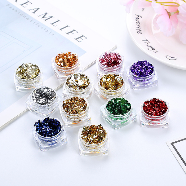 

PandaHall Foil Flakes, DIY Gilding Flakes, for Epoxy Jewelry Accessories Filler, Mixed Color, Box: 2.9x1.6cm Gold Foil Chip Multicolor