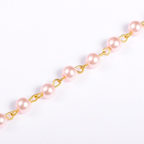 

PandaHall Handmade Round Glass Pearl Beads Chains for Necklaces Bracelets Making, with Golden Iron Eye Pin, Unwelded, Pink, 39.3 inch, Bead...