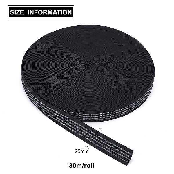 

PandaHall Polyester Elastic Ribbon, with Rubber, Non-slip Band, Black, 25x1.5mm, 30m/roll Elastic Fibre Flat Black