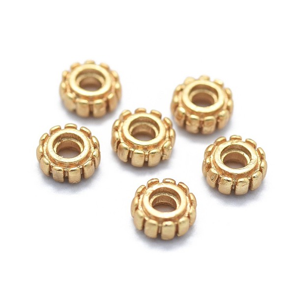 

PandaHall Brass Spacer Beads, Long-Lasting Plated, Flat Round, Matte Gold Color, 5x2mm, Hole: 1.8mm Brass Flat Round