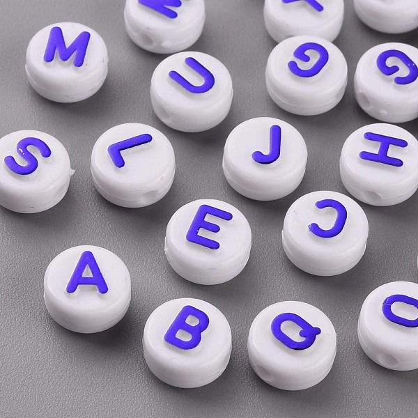 

PandaHall Opaque White Acrylic Beads, with Glitter Powder, Horizontal Hole, Flat Round with Random Letters, Blue, 10x6mm, Hole: 2mm, about...