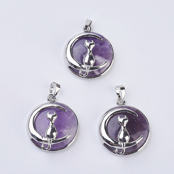 

PandaHall Natural Amethyst Kitten Pendants, with Brass Findings, Flat Round with Cat & Crescent Moon Shape, Platinum, 32x27.5x10mm, Hole...