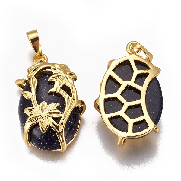 

PandaHall Synthetic Blue Goldstone Pendants, with Golden Tone Brass Findings, Oval with Flower, 32x20x9mm, Hole: 5x8mm Blue Goldstone Oval