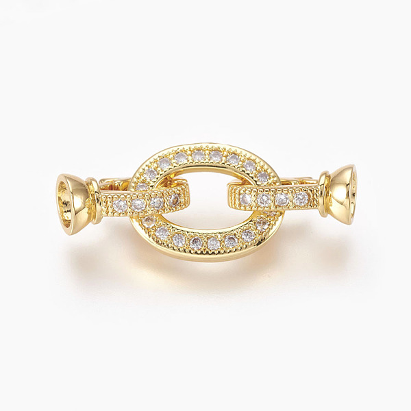 

PandaHall Brass Micro Pave Cubic Zirconia Fold Over Clasps, Oval, Clear, Real 18K Gold Plated, 33mm, Inner: 4mm Brass+Cubic Zirconia Clear