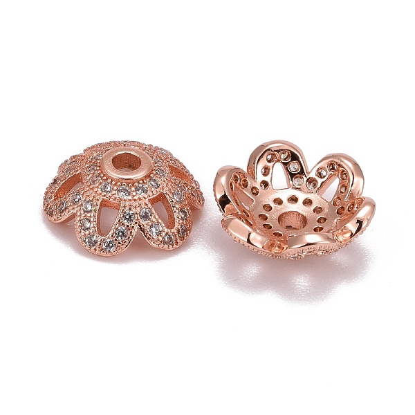 

PandaHall Eco-Friendly 6-Petal Flower Brass Micro Pave Cubic Zirconia Bead Caps, Lead Free & Nickel Free, Rose Gold, 11x4mm, Hole: 2mm..., Clear