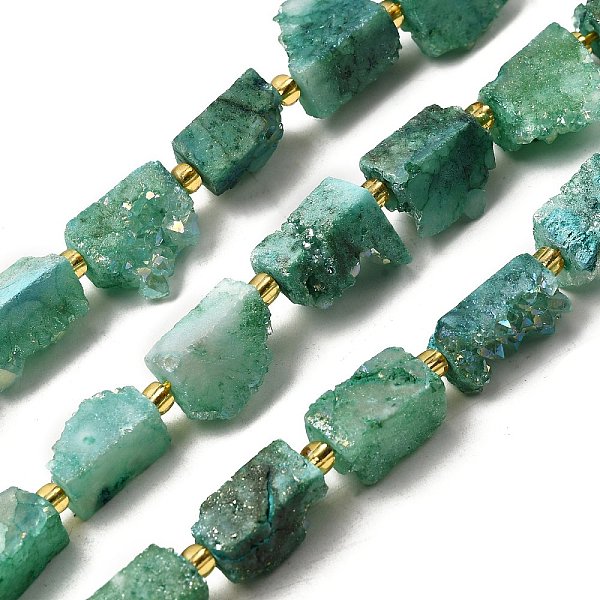 Galvani natürliche druzy Achat Perlen Stränge, Rechteck, mit Glasperlen, Meergrün, 15-16.5x7.5-9.5x7.5-12 mm, Bohrung: 1 mm, ca. 10 Stk. / Strang, 7.36''-7.48'' (18.7-19 cm)