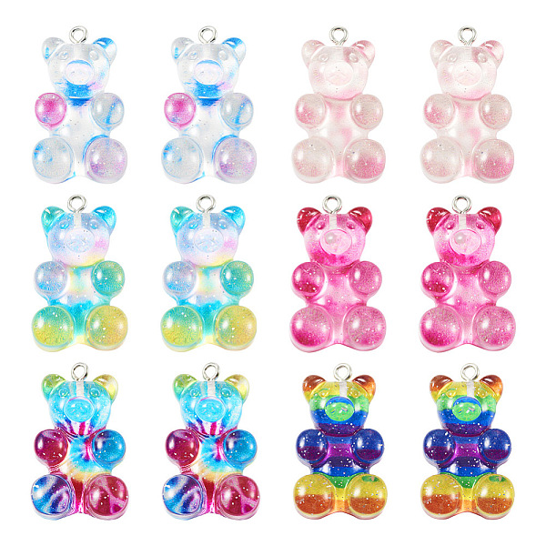 

PandaHall 12Pcs 6 Colors Translucent Resin Pendants, Glitter Bear Charms, with Platinum Tone Iron Loops, Mixed Color, 32x19x8.5mm, Hole: 2mm..., Multicolor